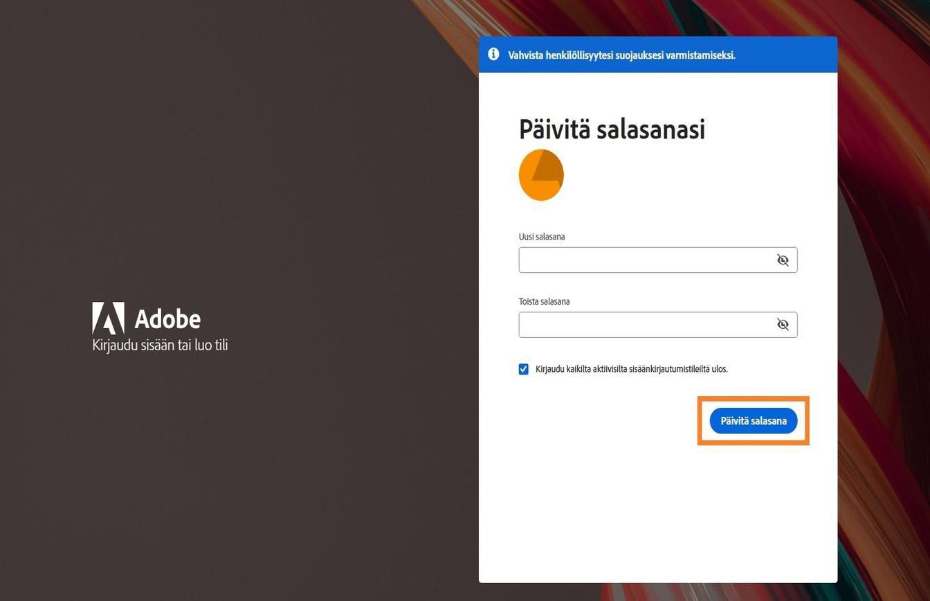 Päivitä salasanasi -ikkuna, jossa on kaksi kenttää uuden salasanan syöttämistä varten ja korostettu Päivitä salasana -painike.