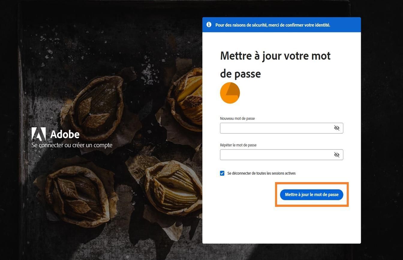 La fenêtre Mettre à jour le mot de passe avec deux champs pour saisir le nouveau mot de passe et le bouton Mettre à jour le mot de passe mis en surbrillance.