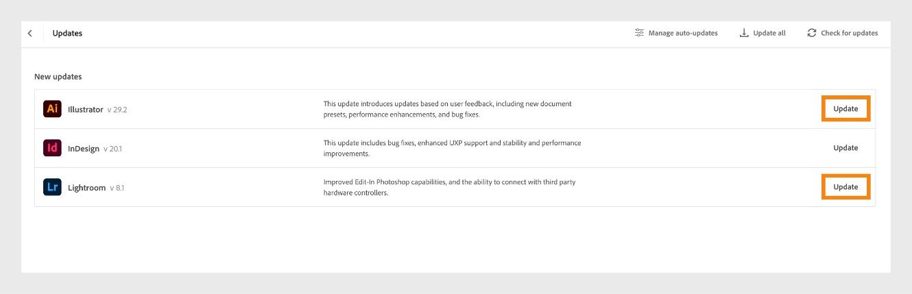 Okno Aktualizacje wyświetla dostępne aktualizacje dla zainstalowanych aplikacji wraz z options aktualizacji pojedynczych aplikacji, aktualizacji wszystkich aplikacji, sprawdzania aktualizacji i zarządzania aktualizacjami.  