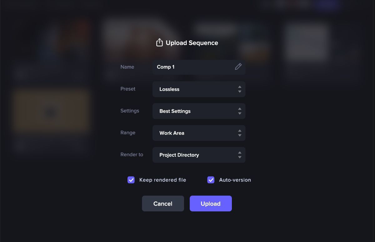 El cuadro de diálogo Cargar secuencia tiene cuatro campos que deben completarse: Nombre, Ajuste preestablecido, Configuración, Intervalo y Procesar en.