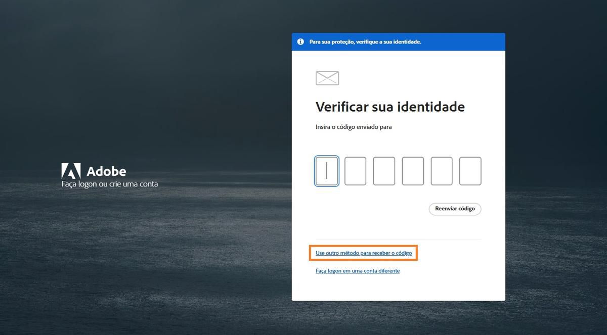 O botão Usar outro método para receber o código oferece métodos alternativos para obter um código de verificação.