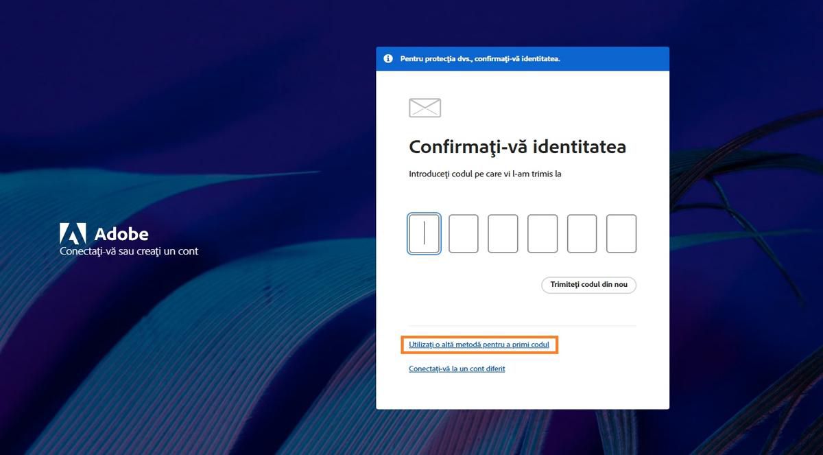 Butonul Folosiți o altă metodă pentru a primi codul oferă metode alternative pentru a obține un cod de verificare.
