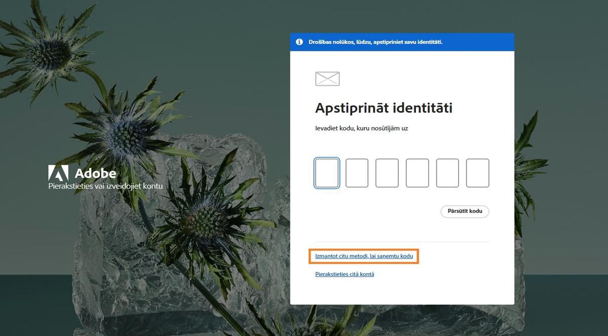 Poga Izmantot citu metodi koda saņemšanai piedāvā alternatīvas metodes verifikācijas koda saņemšanai.