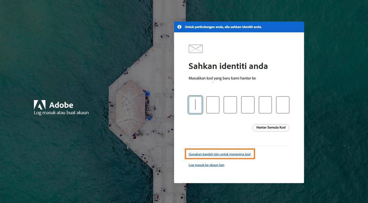 Butang Gunakan kaedah lain untuk menerima kod menawarkan kaedah alternatif untuk mendapatkan kod pengesahan.