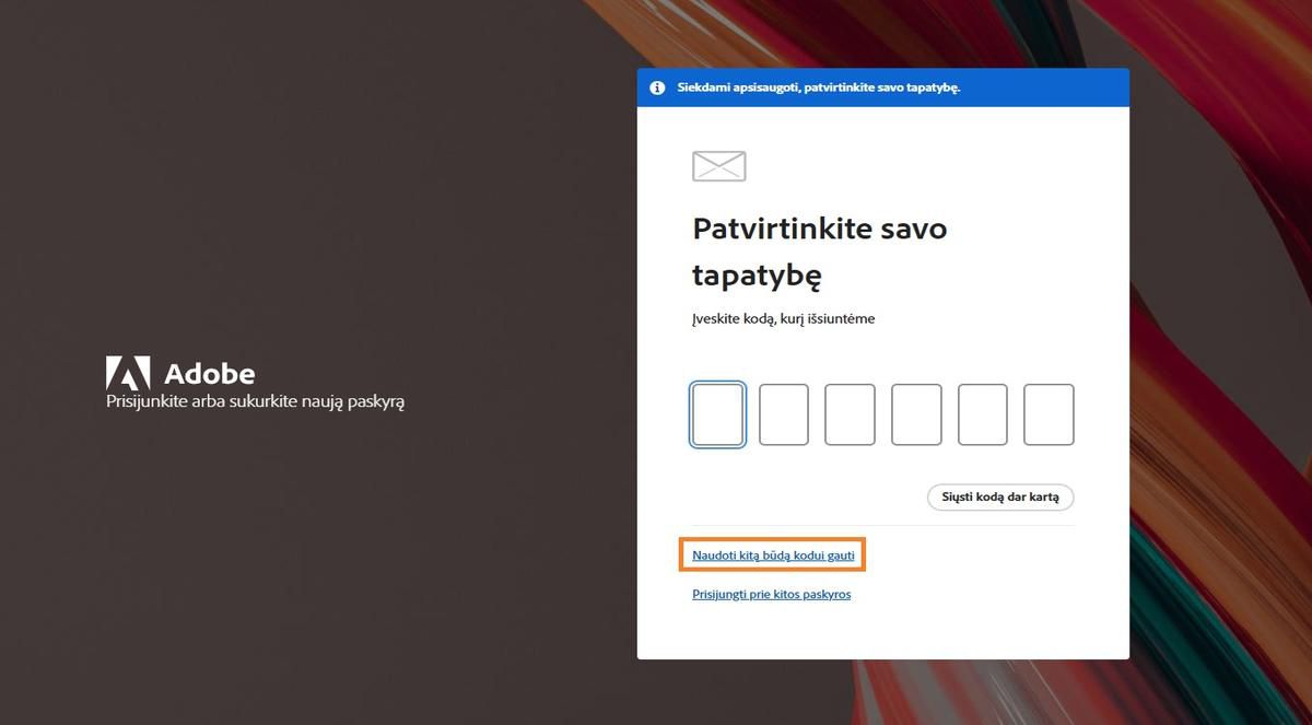 Mygtukas „Naudoti kitą kodo gavimo būdą“ leidžia pasirinkti kitus patvirtinimo kodo gavimo būdus.