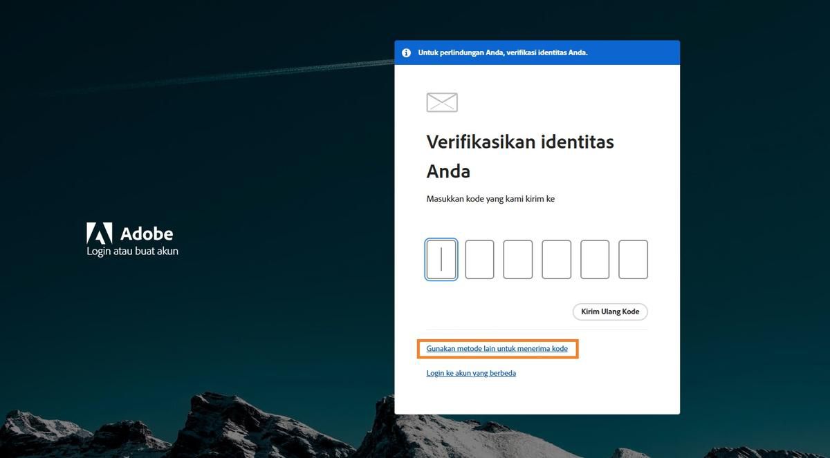 Tombol Gunakan metode lain untuk menerima kode menawarkan metode alternatif untuk mendapatkan kode verifikasi.