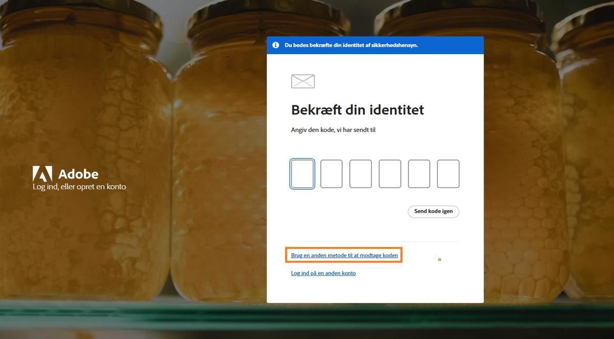 Knappen Brug en anden metode til at modtage koden tilbyder alternative metoder til at få en bekræftelseskode.