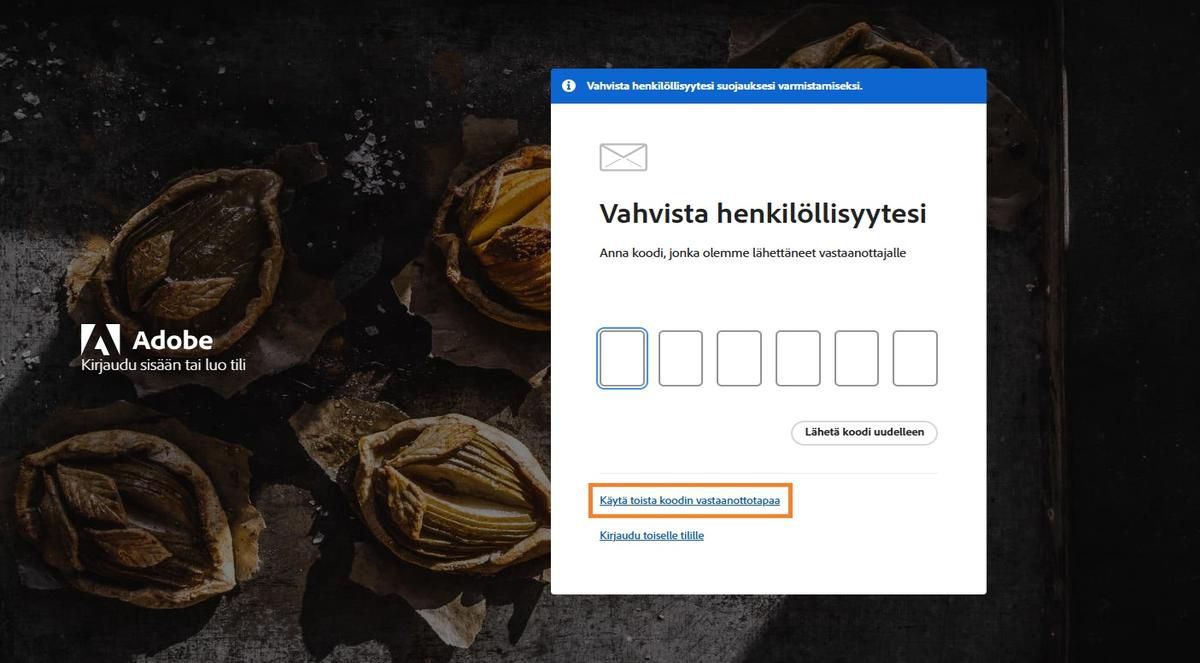 Käytä toista tapaa vastaanottaa koodi -painike tarjoaa vaihtoehtoisia tapoja saada vahvistuskoodi.