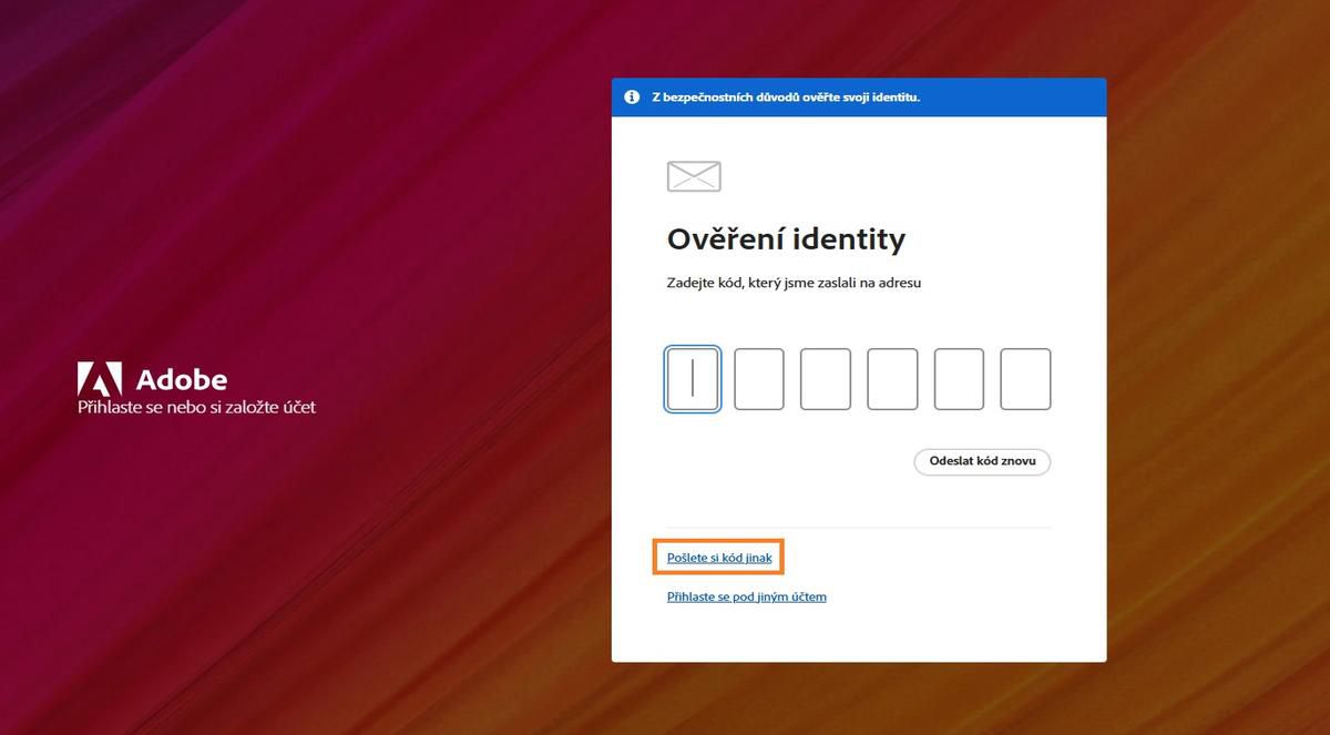 Tlačítko Použít jiný způsob přijímání kódu nabízí alternativní metody pro získání ověřovacího kódu.