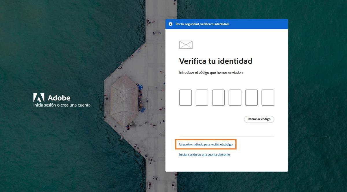 El botón Usar otro método para recibir el código ofrece métodos alternativos para obtener un código de verificación.