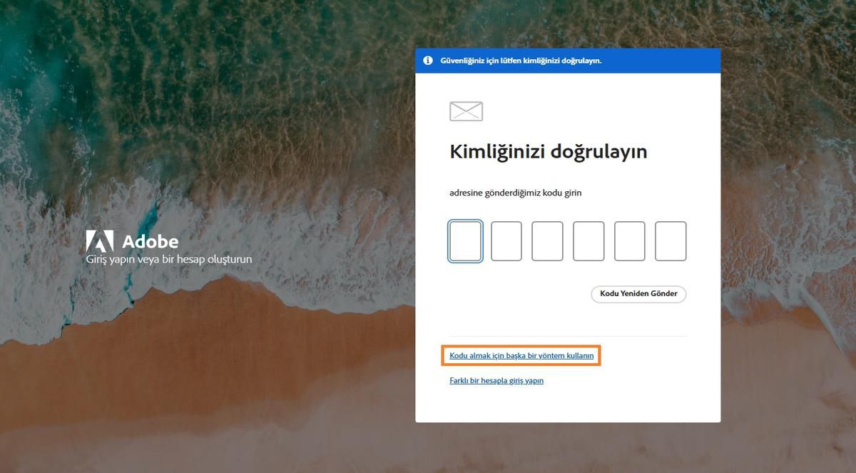 Kodu almak için başka bir yöntem kullanma düğmesi, doğrulama kodu almak için alternatif yöntemler sunar.