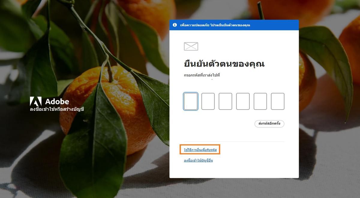 ปุ่ม ใช้วิธีอื่นในการรับรหัส จะมีวิธีอื่นๆ ในการรับรหัสการตรวจสอบให้เลือก