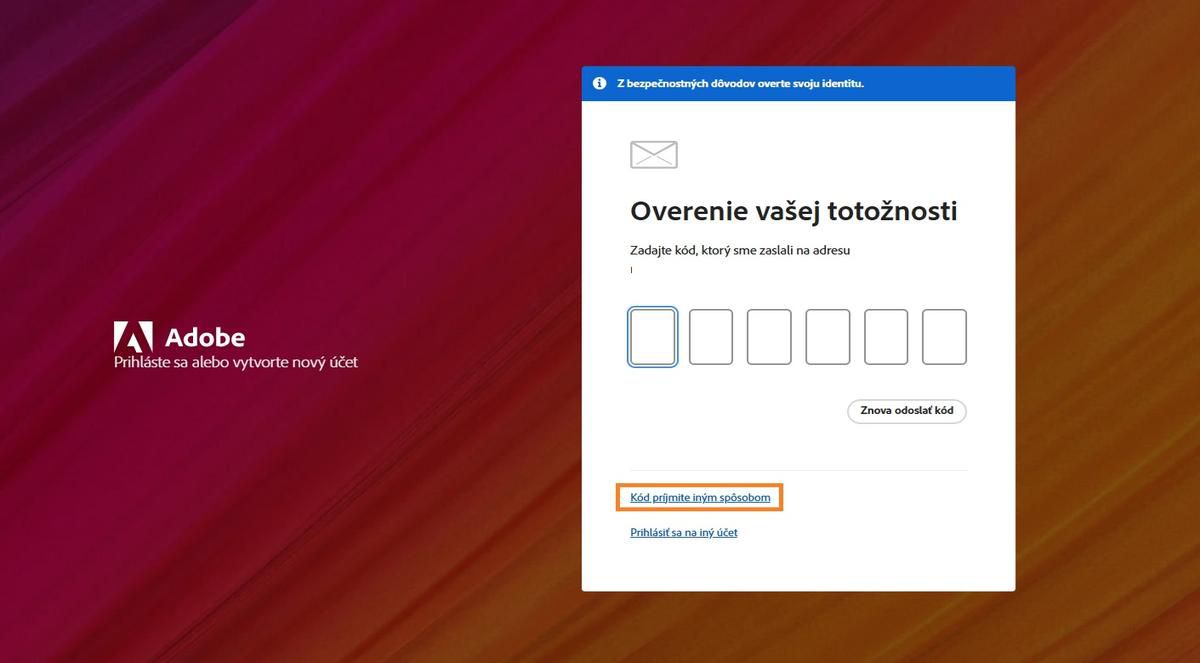 Tlačidlo Použiť iný spôsob prijímania kódu ponúka alternatívne metódy na získanie overovacieho kódu.