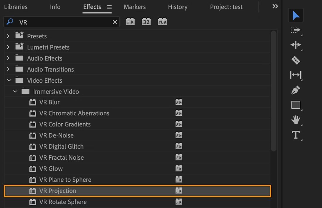 L'effetto Proiezione VR sotto gli effetti Video immersivo è selezionato per riorientare la sfera video.