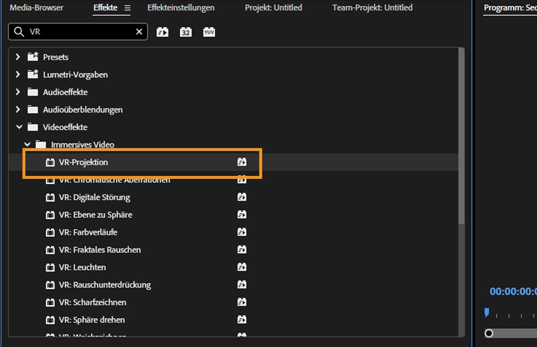 Der VR-Projektionseffekt unter den Immersiven Videoeffekten wird ausgewählt, um die Videokugel neu auszurichten.
