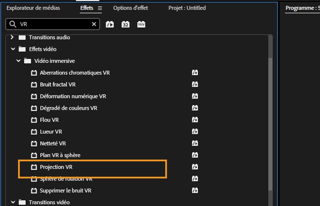 L'effet Projection VR dans les effets Vidéo immersive est sélectionné pour réorienter la sphère vidéo.