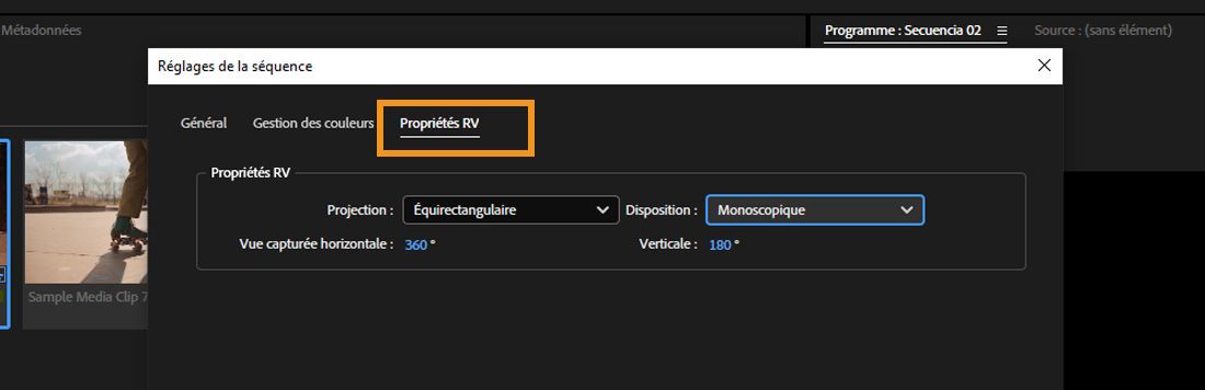 L’onglet Propriétés VR affiche les propriétés VR et les détails des propriétés qui peuvent être modifiés en fonction des exigences du projet.