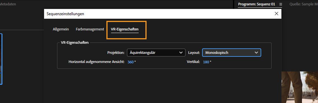 Die Registerkarte „VR-Eigenschaften“ zeigt die VR-Eigenschaften und Eigenschaftsdetails an, die je nach Projektanforderungen geändert werden können. 