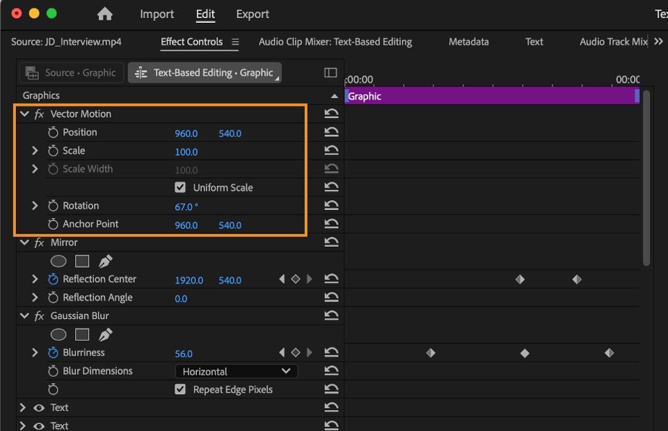 Los controles del efecto Vector Motion en el panel Effect Controls en Premiere Pro