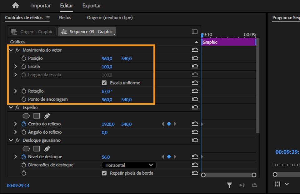 Os controles do efeito “Movimento vetorial” no painel “Controles do efeito” do Premiere Pro