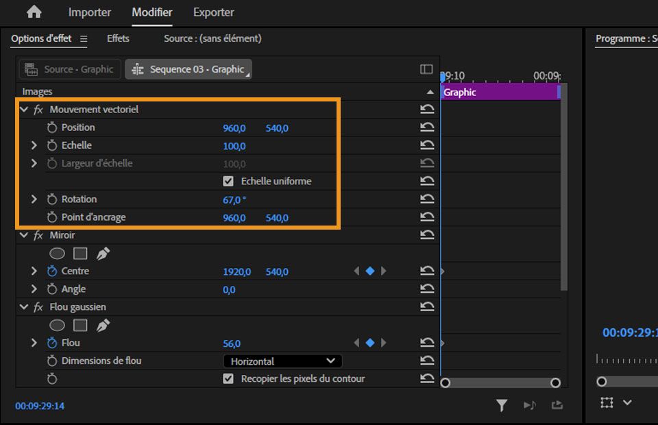 Les commandes de l’effet Mouvement vectoriel dans le panneau Options d’effet de Premiere Pro