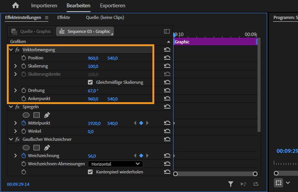 Die Steuerelemente für den Effekt „Vektorbewegung“ im Bedienfeld „Effektsteuerung“ in Premiere Pro