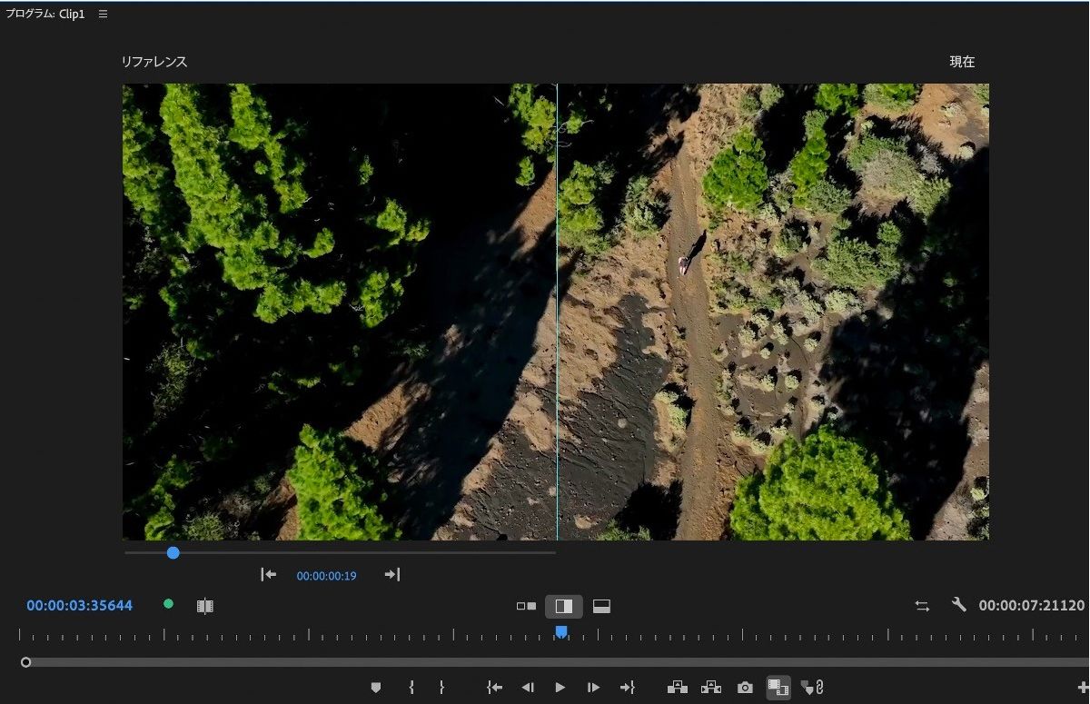 プログラムモニターで「垂直比較」オプションがハイライト表示され、フレーム間の変更を並列して垂直比較で表示できます。