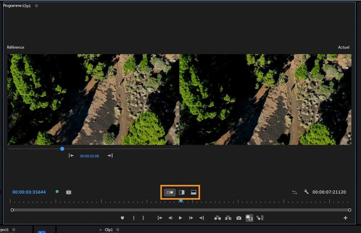 L’option de comparaison verticale est mise en surbrillance dans le moniteur du programme pour afficher les modifications entre les images avec une comparaison verticale côte à côte.