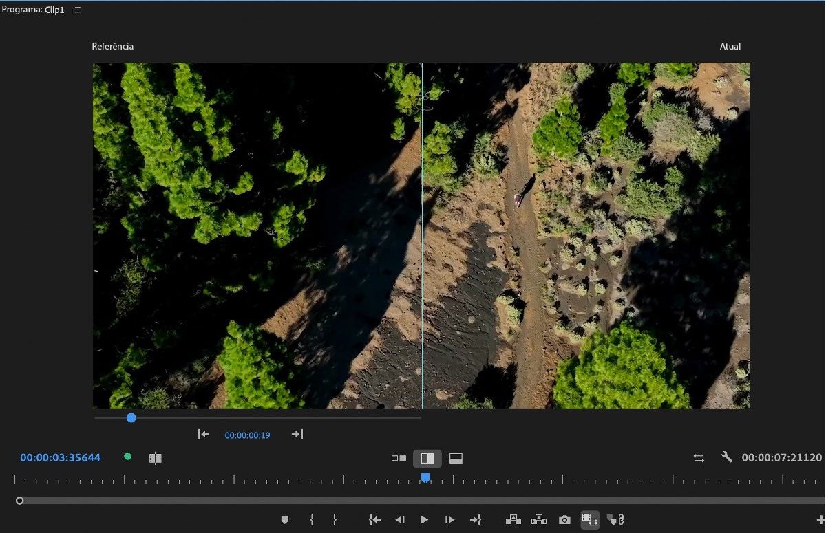 A opção de comparação na vertical está realçada no monitor de programa para visualizar as alterações entre quadros com uma comparação vertical lado a lado.
