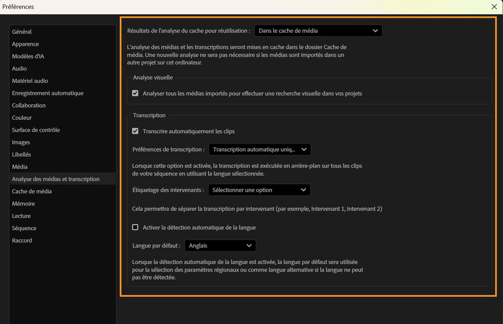 La boîte de dialogue Préférences est ouverte sur le panneau Analyse des médias et transcription, affichant des options pour la mise en mémoire cache des résultats d’analyse, l’activation de l’analyse visuelle, la transcription automatique des clips, l’étiquetage des intervenantes et intervenants et la définition de la langue par défaut.