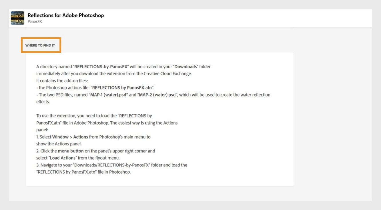 I vinduet HER FINNER DU DET på Adobe Exchange-nettstedet ser du banen og mappeplasseringen til plugin-modulen som er valgt.