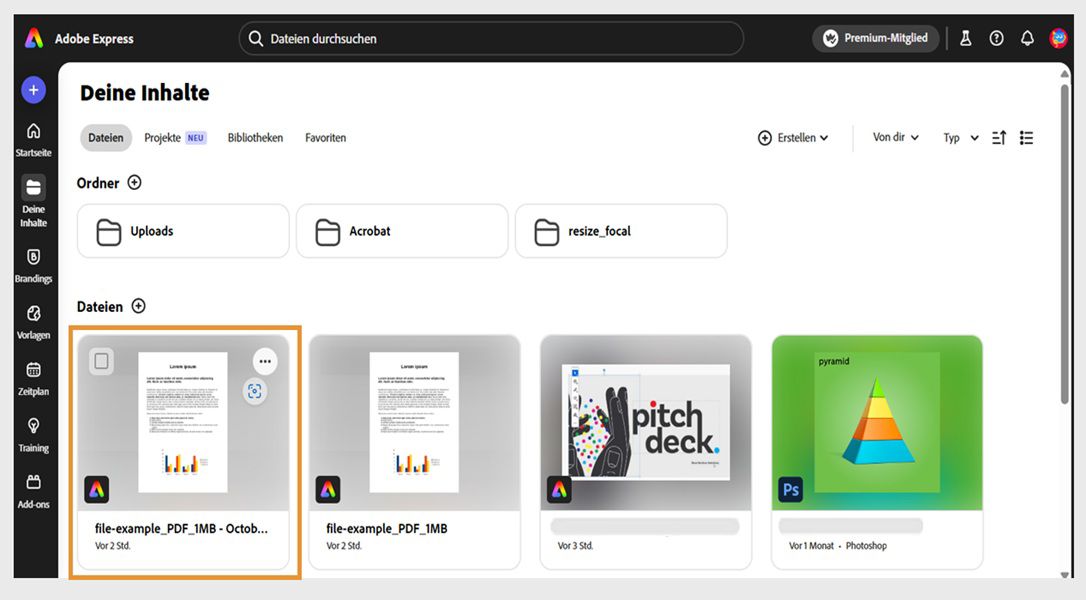 Die Seite „Deine Sachen“ von Adobe Express zeigt die Liste der kürzlich von dir bearbeiteten Dateien an.