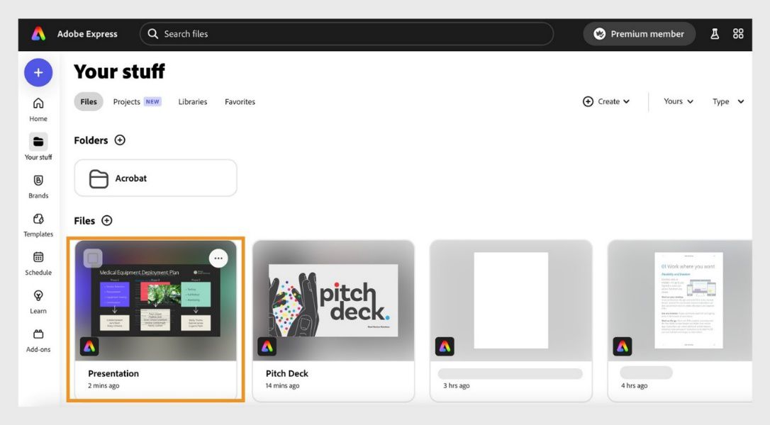 تعرض صفحة أشياؤك في Adobe Express قائمةَ الملفات الحديثة التي قمت بتحريرها.