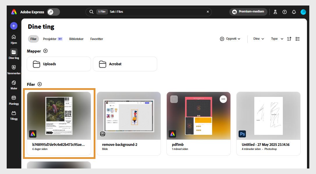 Siden «Dine ting» i Adobe Express viser listen over nylige filer du har redigert.