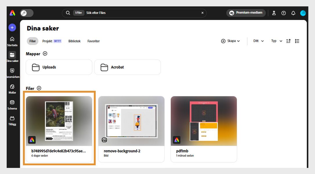 Sidan Dina grejer i Adobe Express visar listan över de senaste filerna du har redigerat.