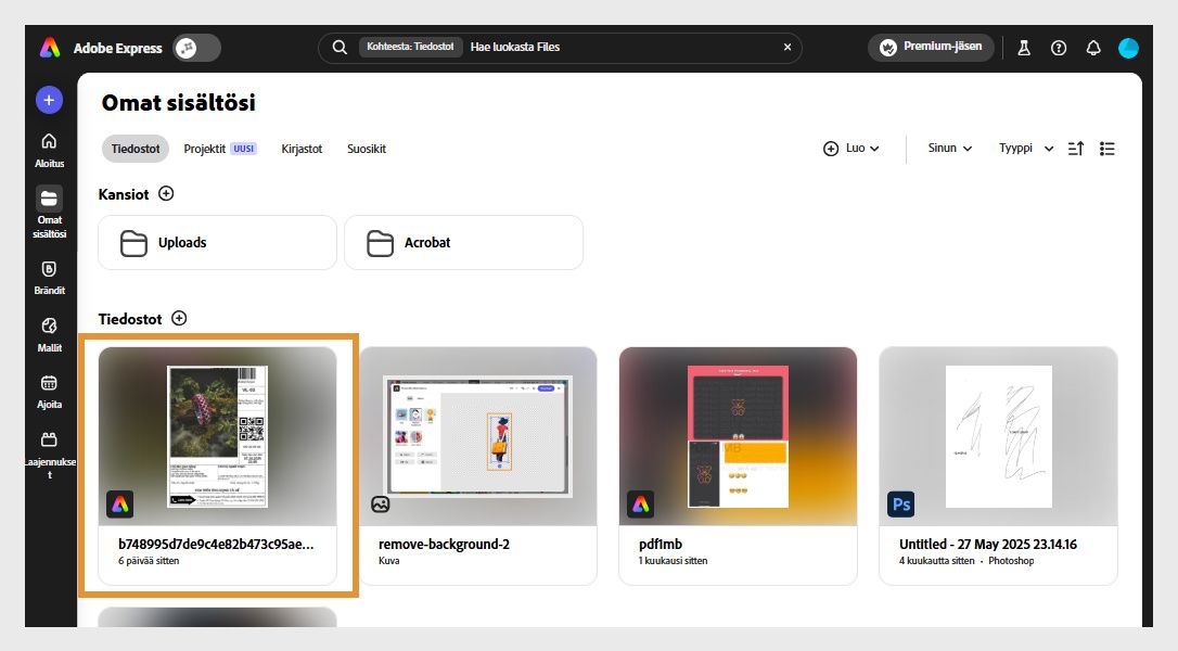 Adobe Expressin Omat jutut -sivulla näkyy luettelo viimeksi muokkaamistasi tiedostoista.