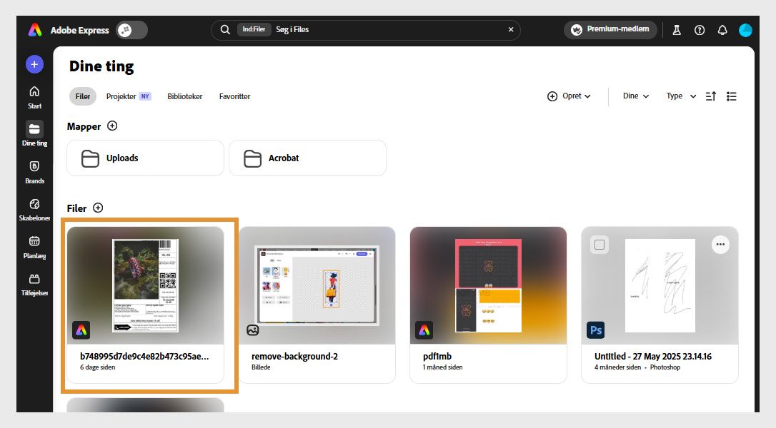 Siden &quot;Dine ting&quot; i Adobe Express viser listen over nylige filer, du har redigeret.