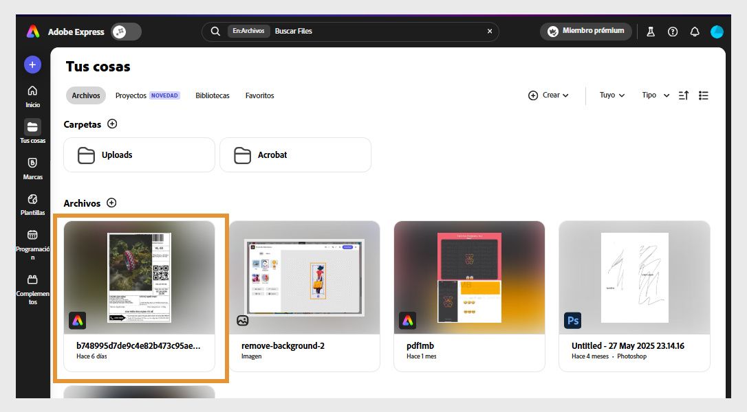 La página &quot;Your stuff&quot; de Adobe Express muestra la lista de archivos recientes que ha editado.