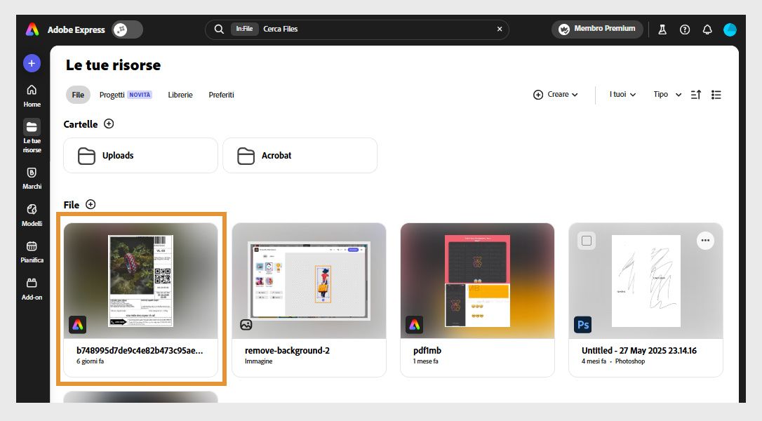 La pagina I tuoi contenuti di Adobe Express mostra l’elenco dei file recenti che hai modificato.