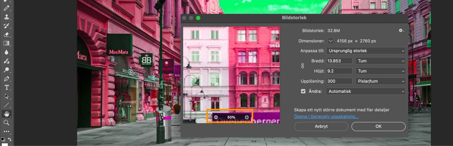Knappen Zooma in och Zooma ut är markerad i dialogrutan Bildstorlek, tillsammans med ytterligare inställningar som bildstorlek, dimension, anpassa till, höjd, bredd och så vidare.