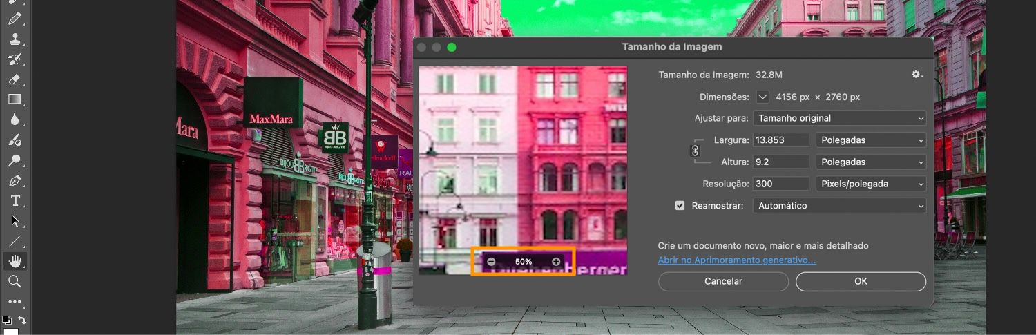 Os botões de Aproximar e Afastar estão destacados na caixa de diálogo Tamanho da imagem, junto com configurações adicionais como tamanho da imagem, dimensões, ajustar para, altura, largura e assim por diante.