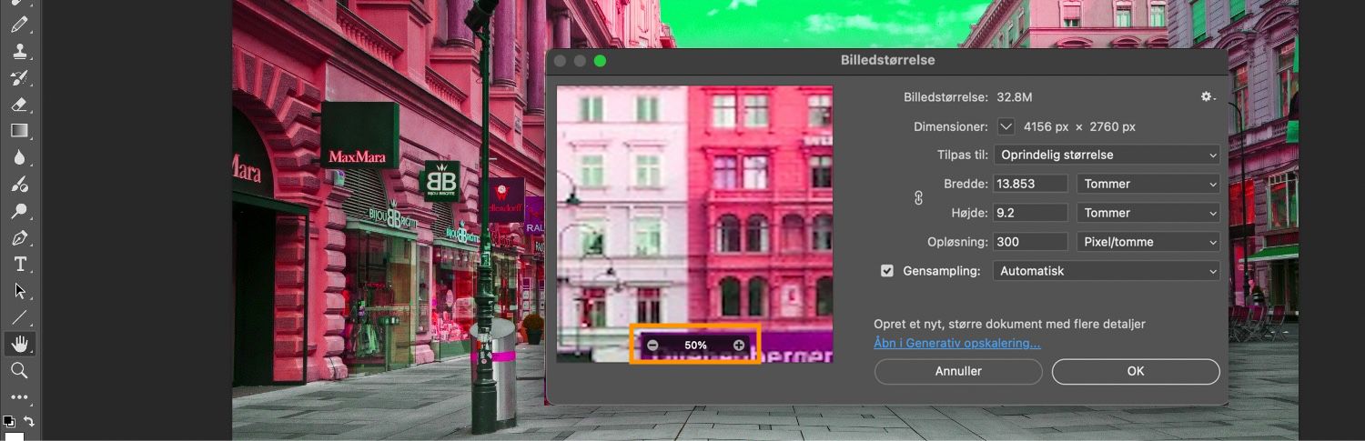 Knappen Zoom ind og Zoom ud er fremhævet i dialogboksen billedstørrelse, sammen med yderligere indstillinger såsom billedstørrelse, dimension, tilpas til, højde, bredde og så videre.