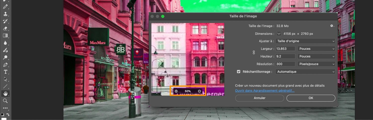 Le bouton Zoom avant et Zoom arrière est mis en évidence dans la boîte de dialogue Taille de l’image, ainsi que des paramètres supplémentaires tels que Taille de l’image, Dimension, Ajuster à, Hauteur, Largeur, etc.