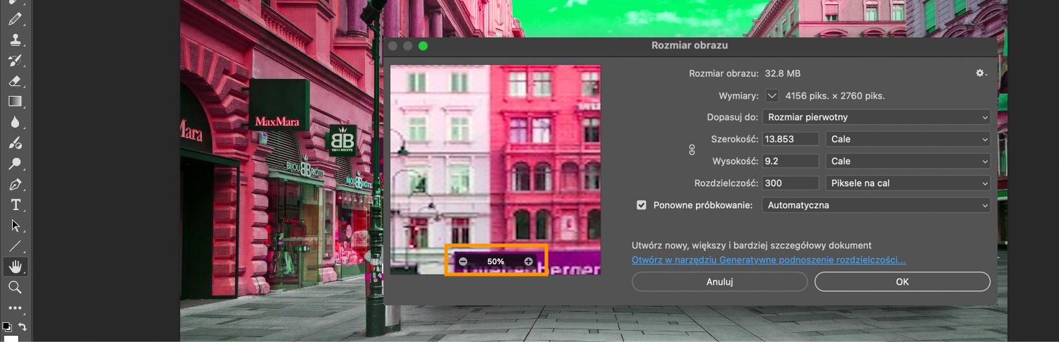 Przycisk powiększania i pomniejszania jest podświetlony w oknie dialogowym Rozmiar obrazu, wraz z dodatkowymi ustawieniami, takimi jak rozmiar obrazu, wymiary, dopasowanie do, wysokość, szerokość i tak dalej.