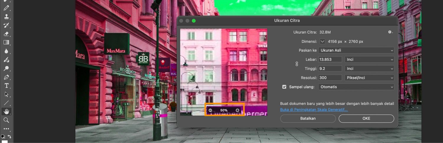 Tombol Perbesar dan Perkecil disorot di kotak dialog Ukuran Gambar, bersama dengan pengaturan tambahan seperti ukuran, dimensi, sesuai dengan, tinggi, lebar gambar, dan sebagainya.
