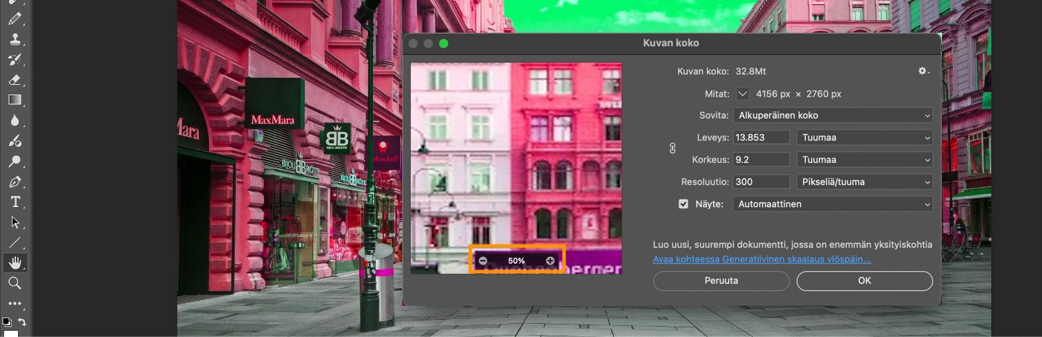 Suurenna- ja Pienennä-painikkeet näkyvät Kuvan koko -valintaikkunassa korostettuina. Näkyvillä on myös muita asetuksia, kuten kuvan kokoon, mittoihin, sovittamiseen, korkeuteen ja leveyteen liittyvät asetukset.