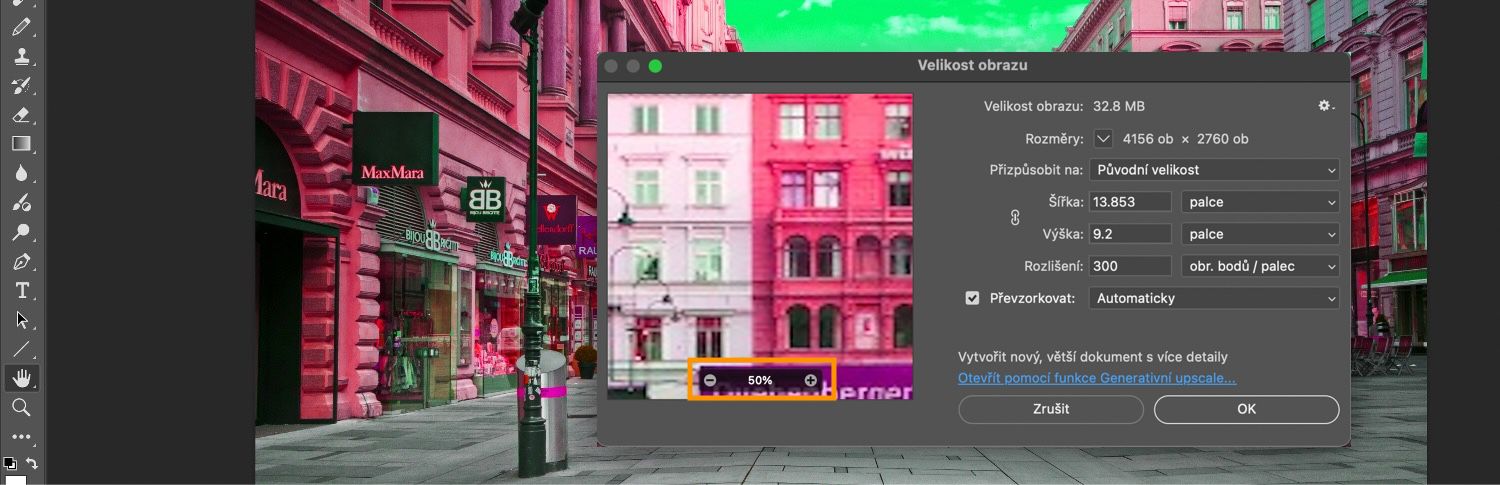 V dialogovém okně Velikost obrazu je zvýrazněno tlačítko Přiblížit a Oddálit, spolu s dalšími nastaveními jako velikost obrazu, dimension, přizpůsobení, výška, šířka a další.