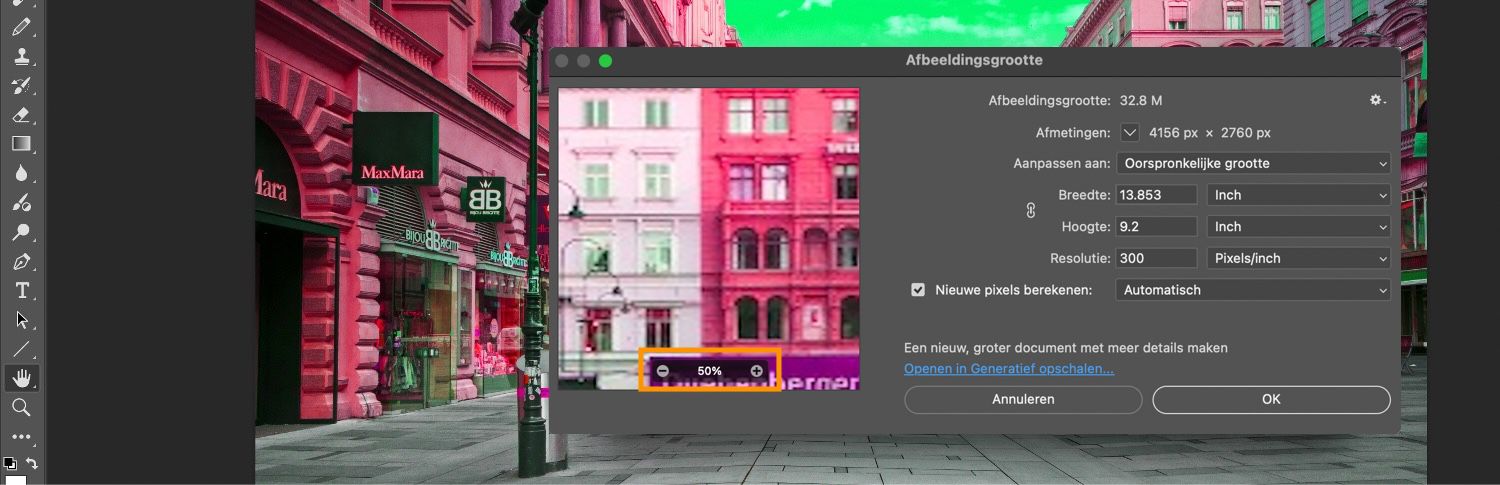 De knop voor in- en uitzoomen is gemarkeerd in het dialoogvenster Afbeeldingsgrootte, samen met aanvullende instellingen zoals afbeeldingsgrootte, dimension, aanpassen aan, hoogte, breedte, enzovoort.