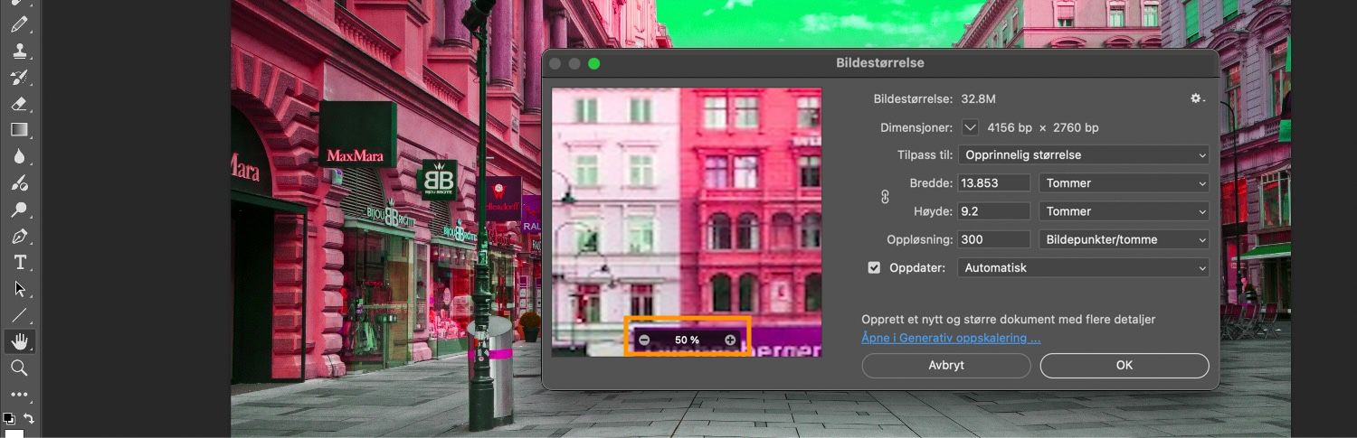 Knappen for å zoome inn og ut er uthevet i dialogboksen Bildestørrelse, sammen med ytterligere innstillinger som bildestørrelse, dimension, tilpass til, høyde, bredde og så videre.