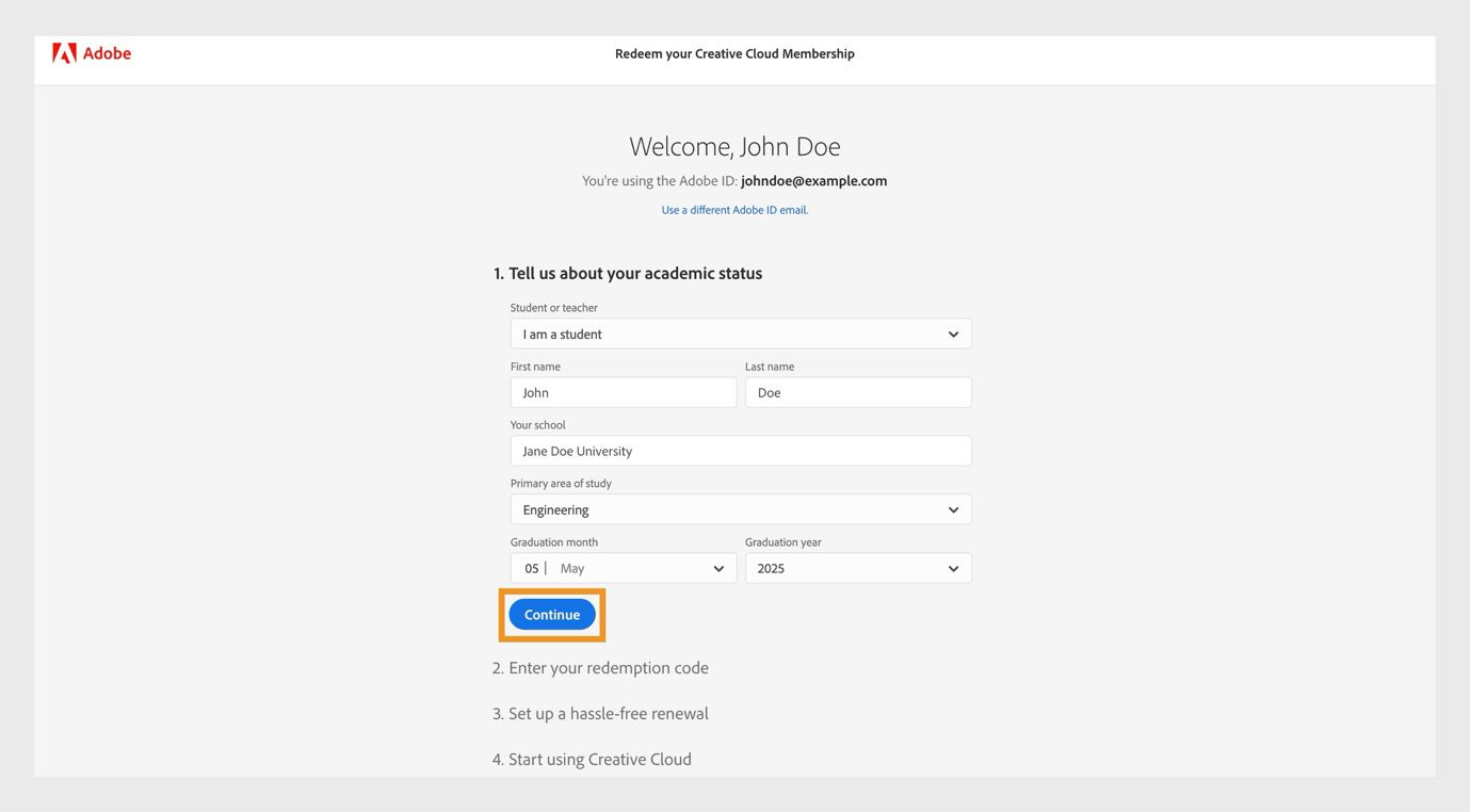 Die Felder für akademischen Status und Informationen auf der Seite „Creative Cloud-Abo einlösen&quot; enthalten deine Rolle (Student oder Lehrer), Namen, Schule, Studienbereich sowie Abschlussmonat und -jahr.